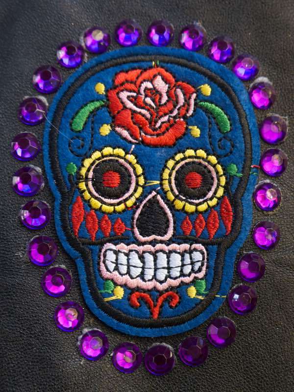 VTG Black Leather Jacket Mexican Day Of The Dead Applique Hand Painted S M