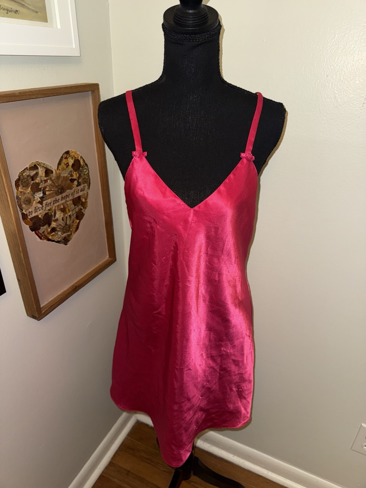 Vtg Frederick’s of Hollywood Pink Satin Slip Dress Nightgown 90s S Rosette Y2K