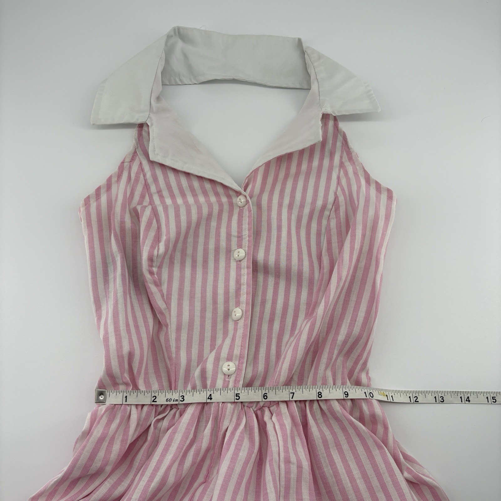 VTG 80s TABBY Pink White Candy Stripe Halter Dress White Collar Smocked USA