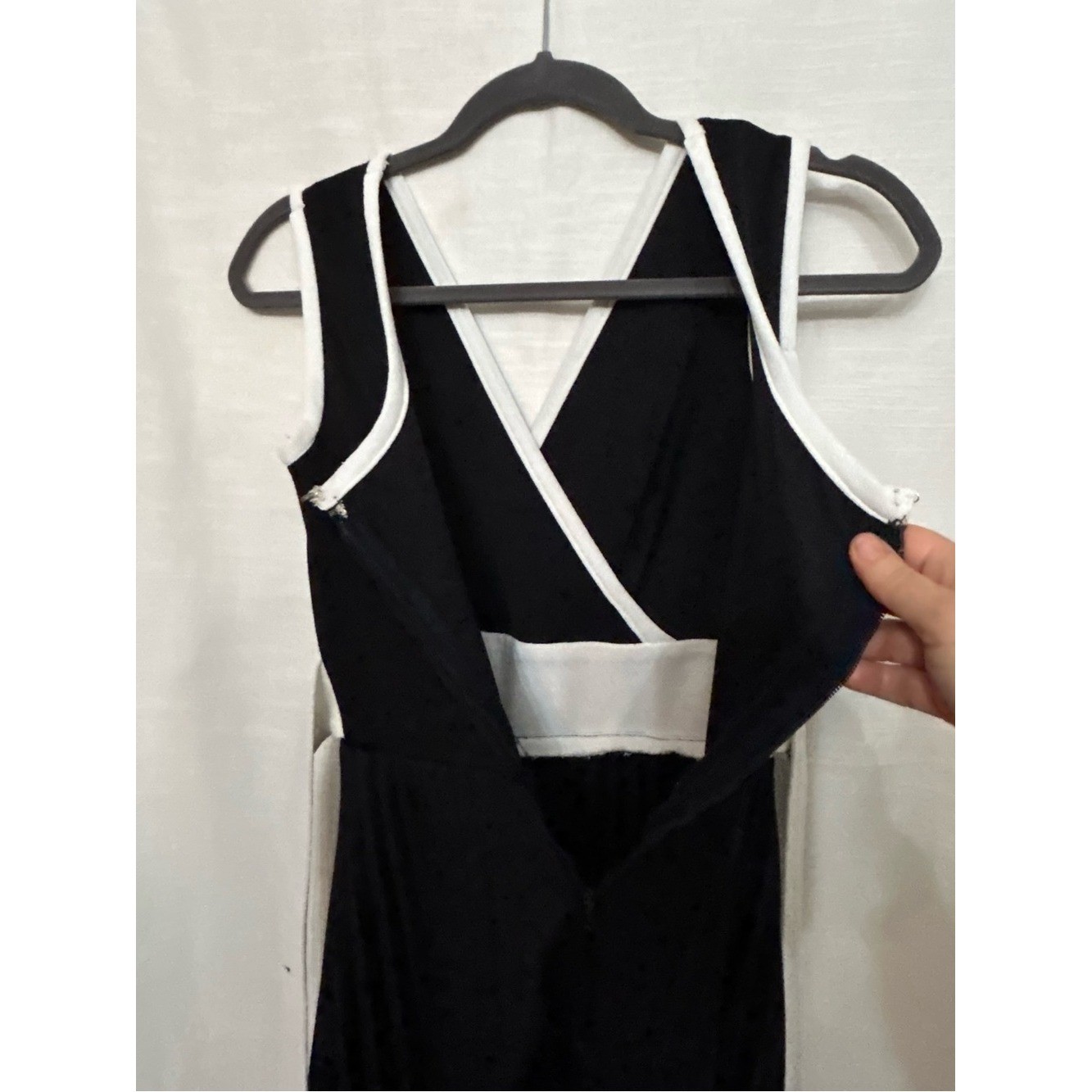 True Vintage Classic Black and White V-Neck Maxi Dress w/ Pleated Bottom and Tie