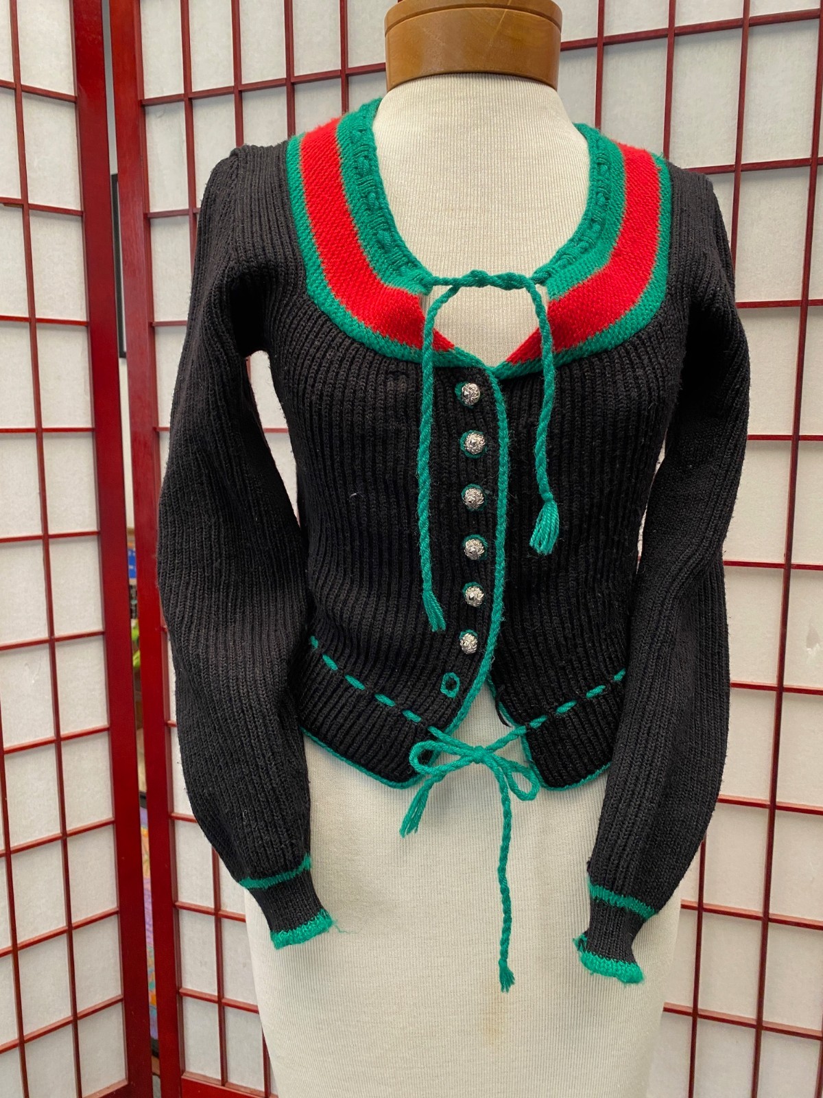 Wool Dirndl style Bavarian Vintage Cropped Cardigan – Jewel Buttons, Lace Up