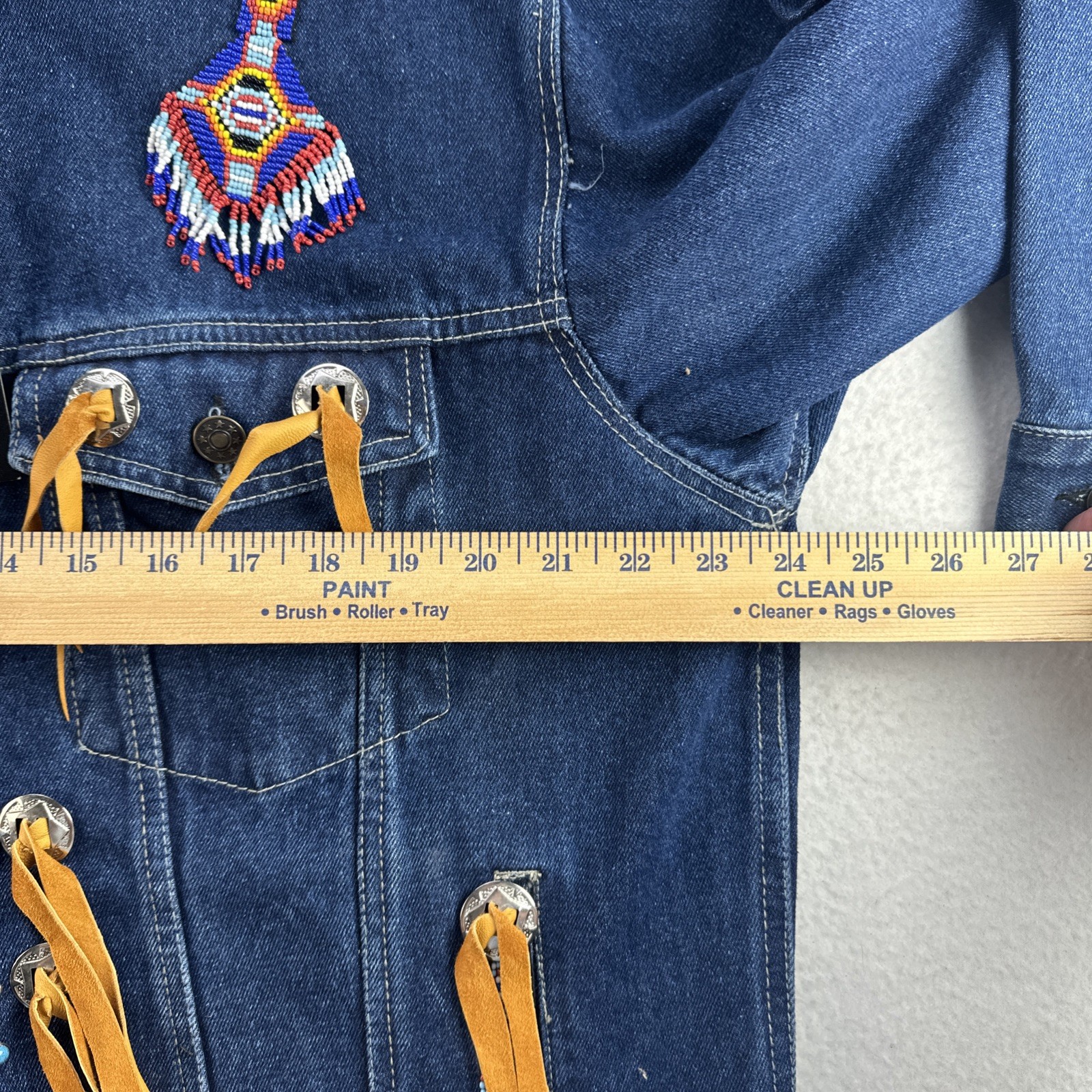 VTG NWT Western Denim Jacket Sz L Beaded Fringe Turquoise Concho Rodeo Southwest