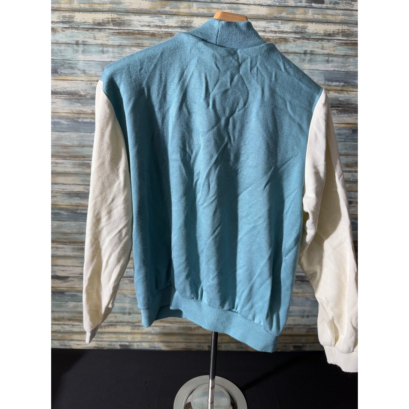 Alfred Dunner Pullover Top Medium Teal Cream Excellent Vintage Colorblock Mock