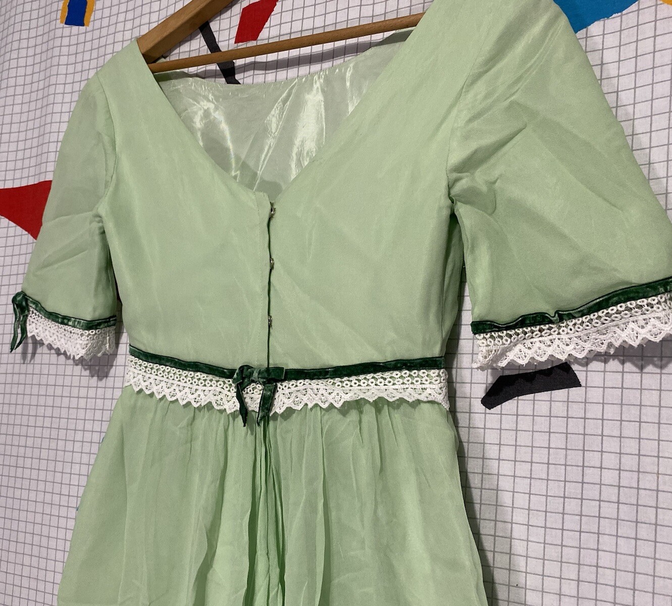 Vintage 50s Silk Chiffon Dress Green Lace Organza Velvet Ribbon 60s Maxi