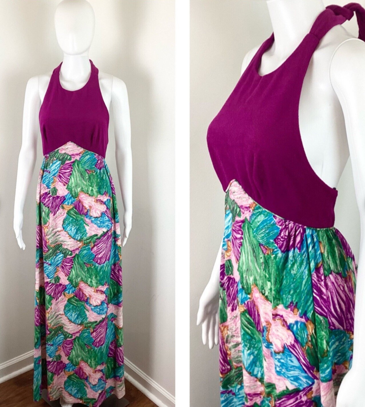 Vintage 1970s Monet “Waterlilies” Halter Maxi Dress – Sz Small to Medium