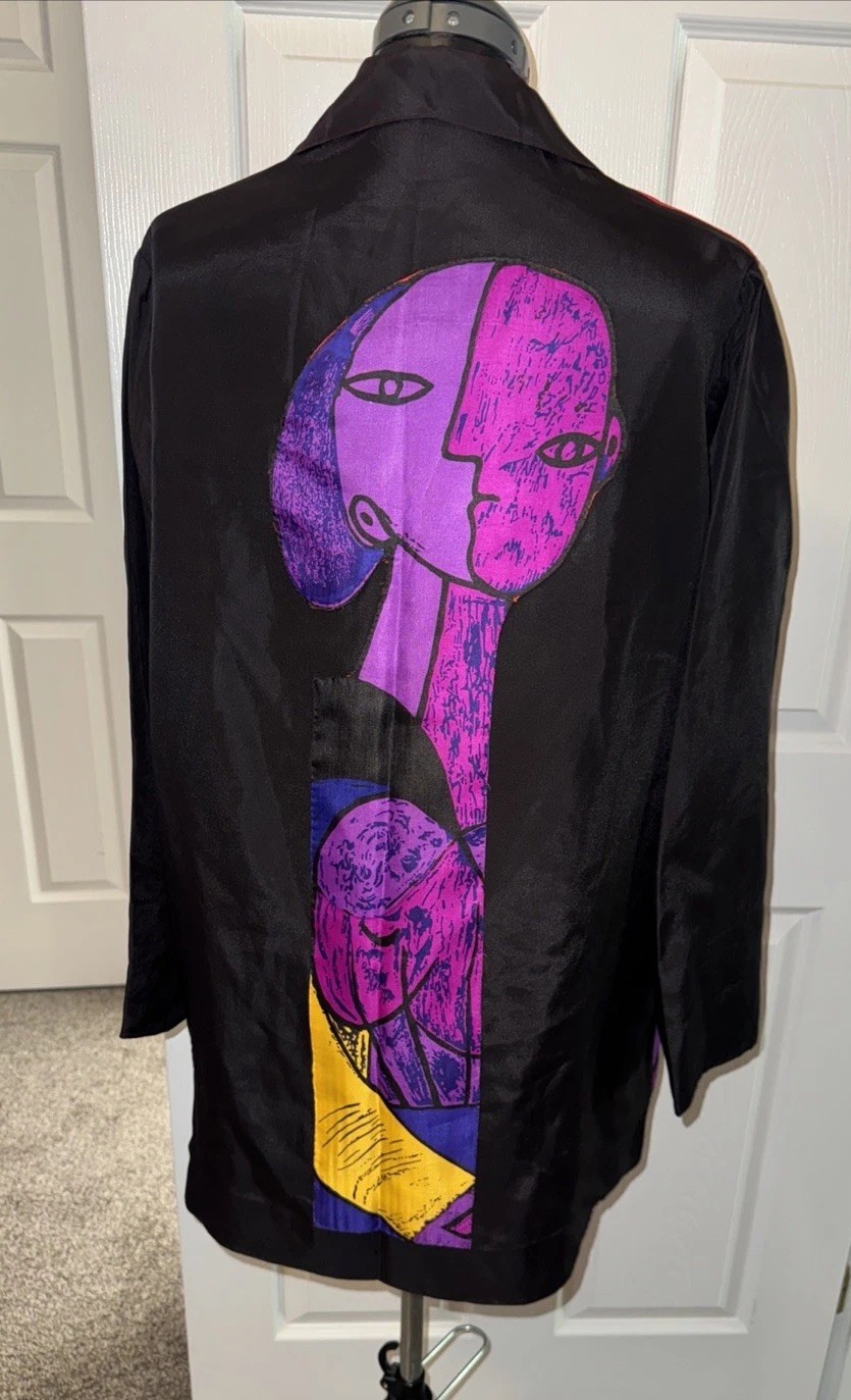 Vintage Picasso Womens 80s Open Blazer jacket Art To Wear Colorblock M/L Kimono