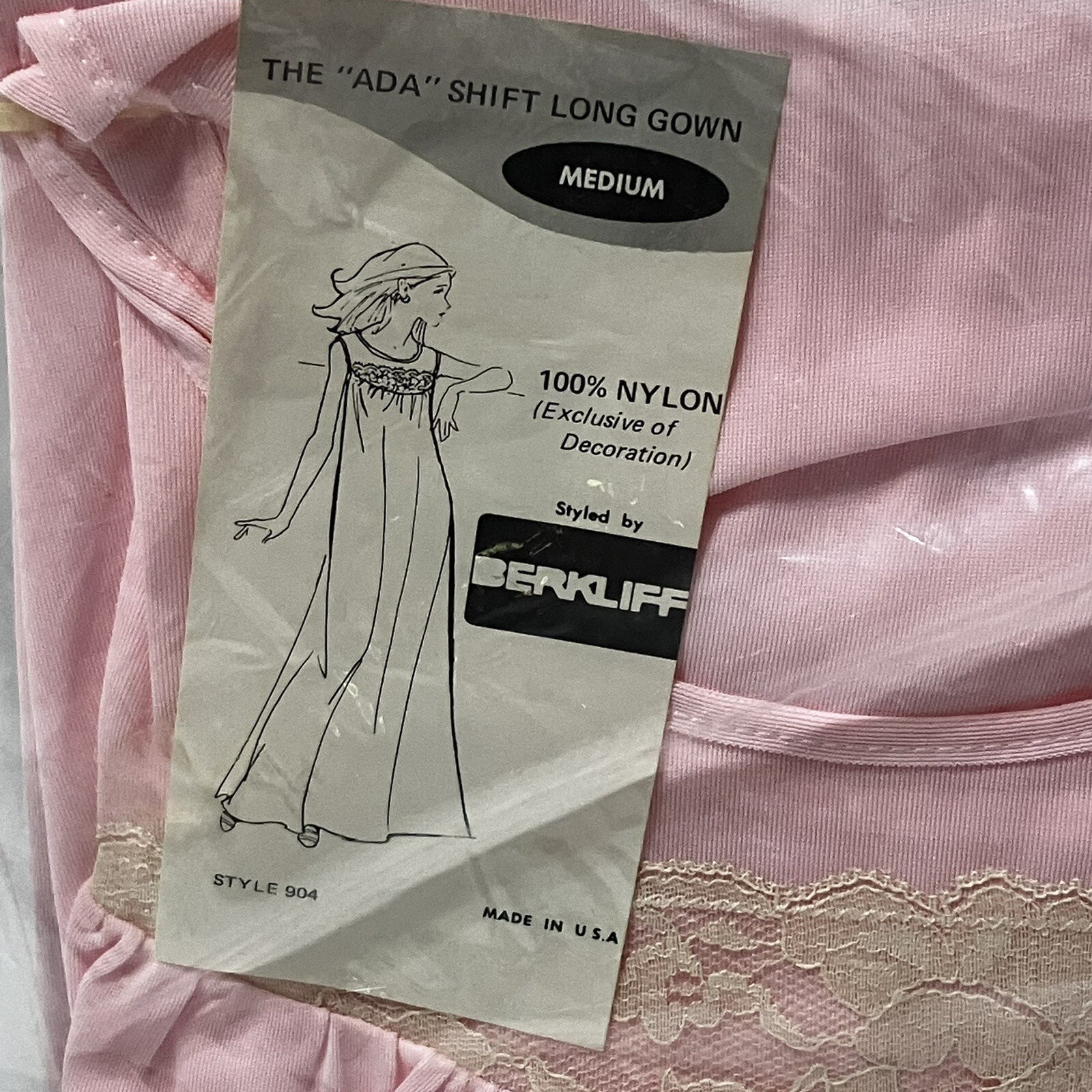 Pink Shift Nightgown Berkliff All Nylon Lace 1960s Dress Pajama Vintage NEW