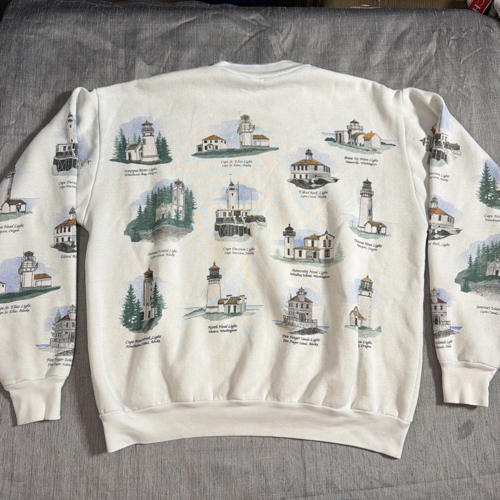 Alaska Lighthouses AOP Womens L Crewneck Sweater Ivory Blue Collar Vintage 90s