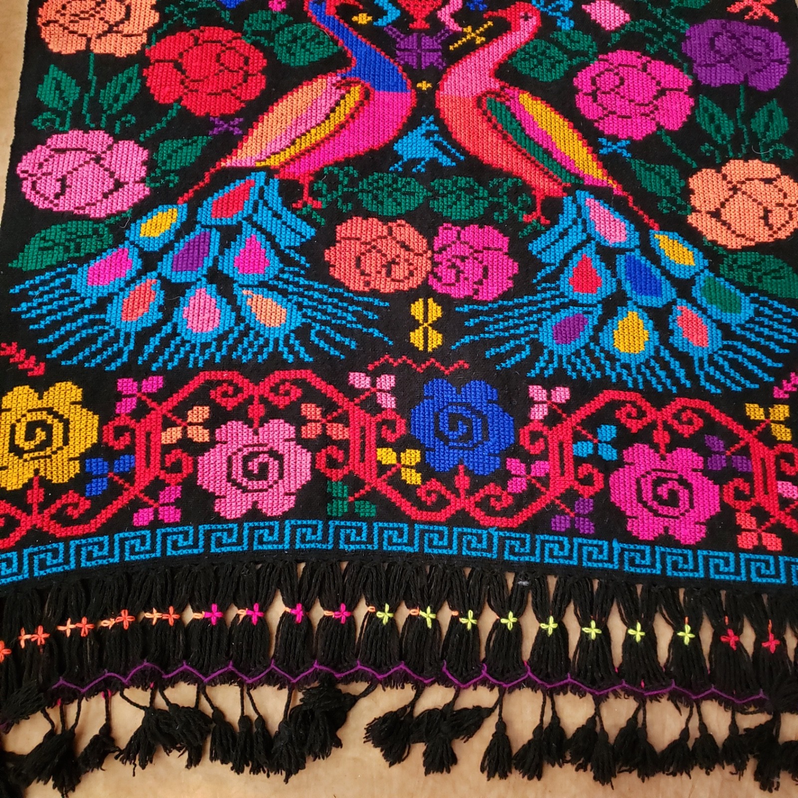 Vintage 70s Colorful Embroidered Boho Fringe Blanket Poncho OS