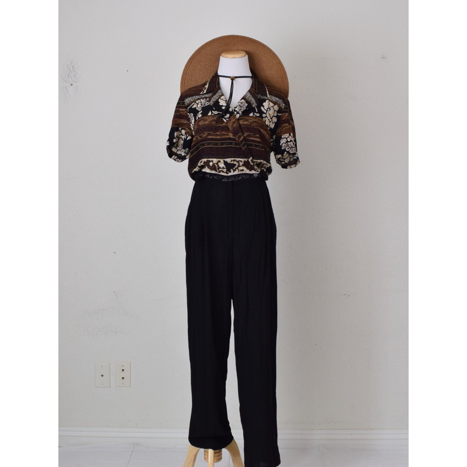 Vintage 90s Black/Brown Rayon Jumpsuit/Romper size 10 | 28-30 waist