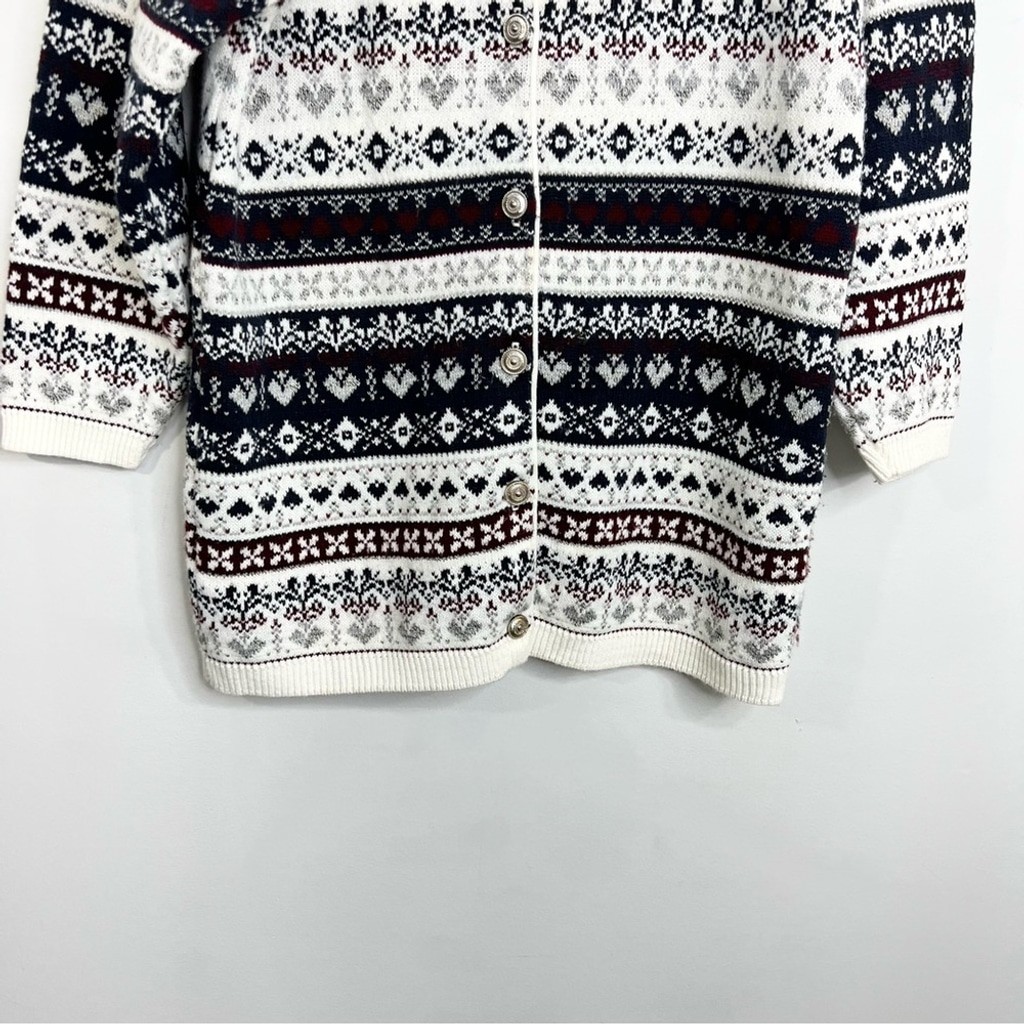 Vintage Carroll Reed acrylic ivory navy burgundy fair isle boxy tunic cardigan L