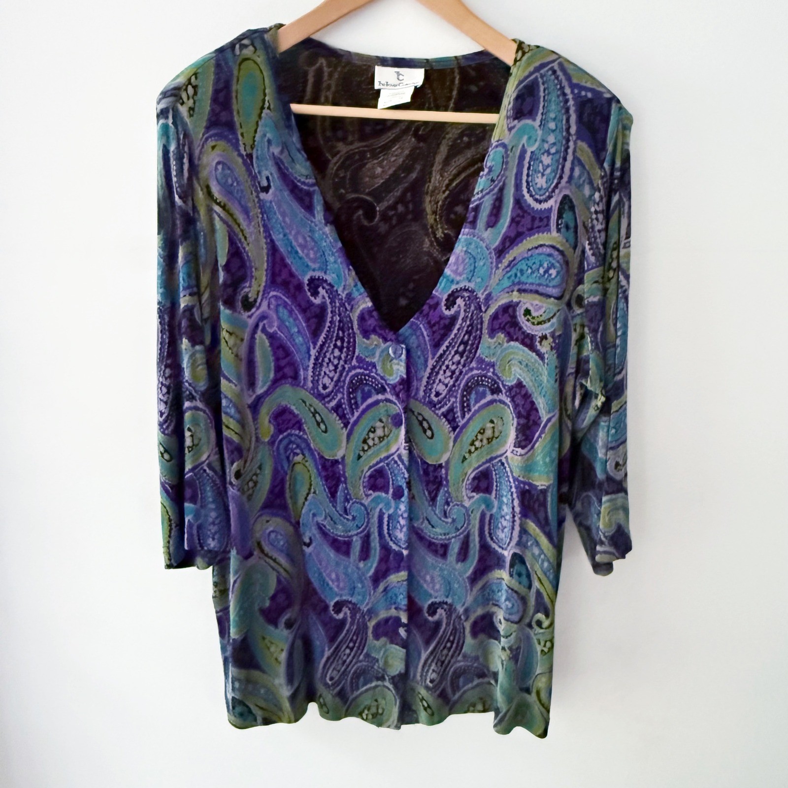 Vintage 90s Slinky Cardigan Topper Women 1X Purple Paisley Boho Office Work