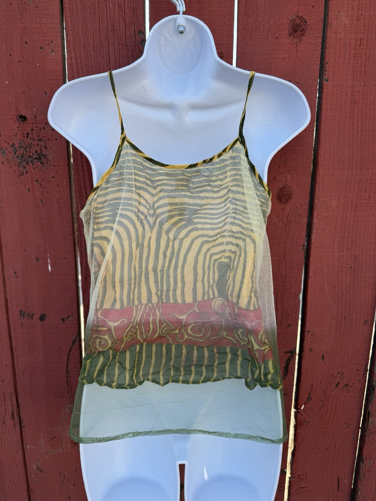 Vintage 90s Y2K Sheer Mesh Lace Beaded Tank Tattoo Grunge Goth Alt Earth Fairy