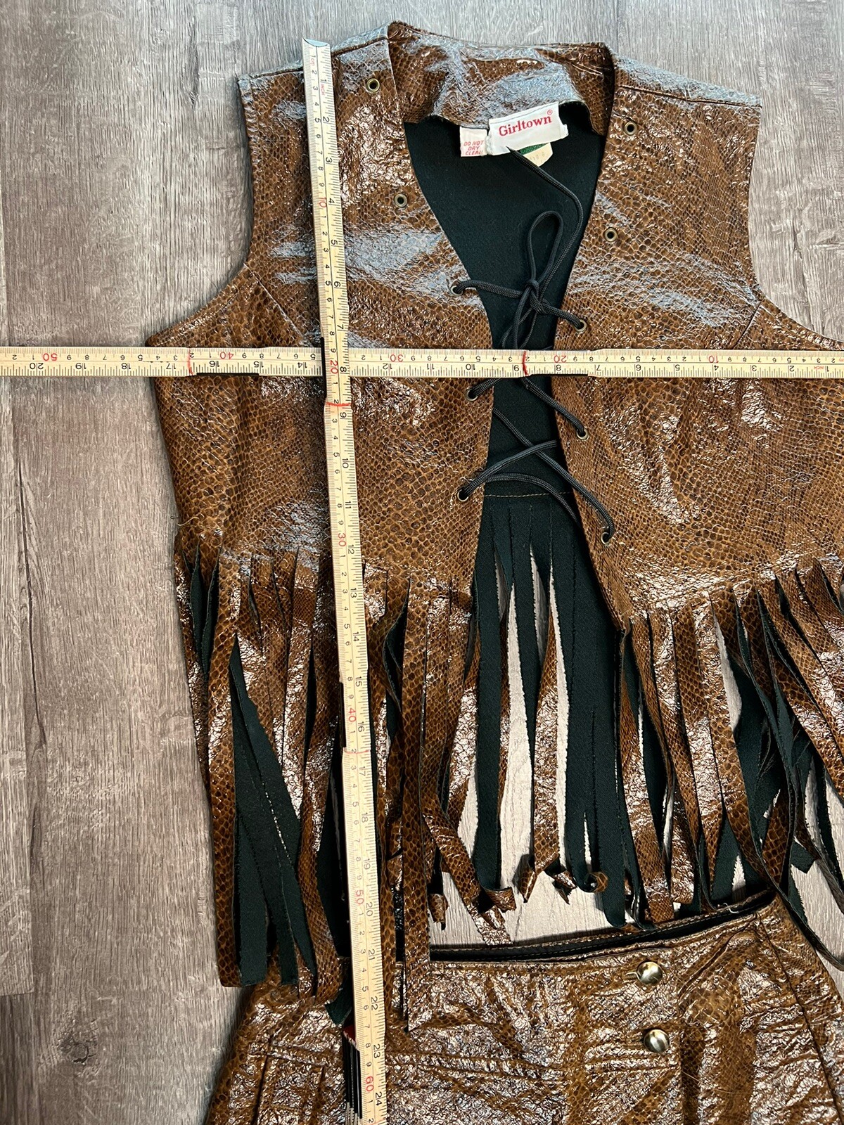 Vintage 60s Snake Leather Fringe Set Mini Skirt Cropped Top GOGO Goth Mod RARE