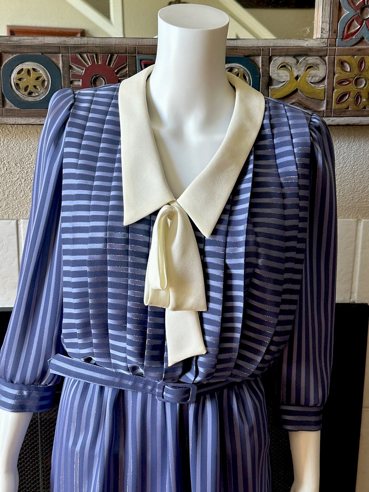 Vtg 80s JSJ Belted Dress Womens Polyester Blue Dynasty Style 34” Bust 28” Waist