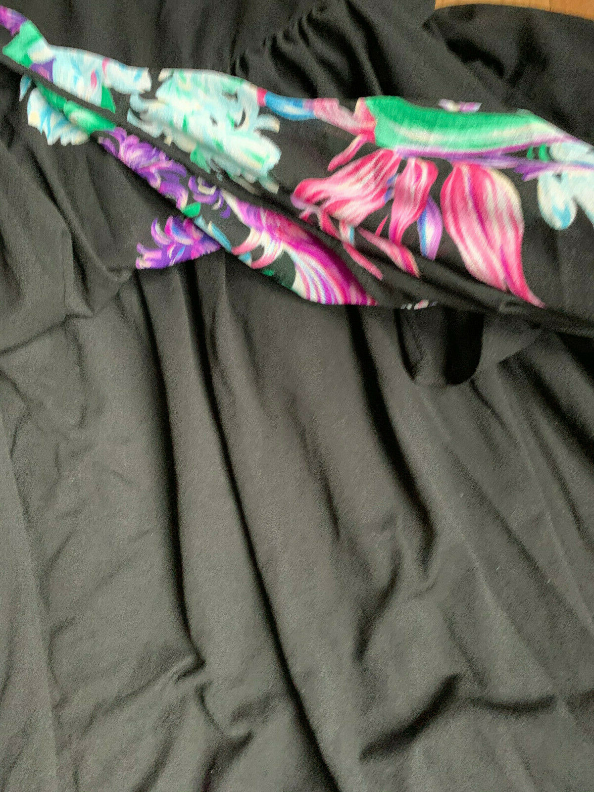 70s Vintage Black Maxi Dress Floral Bird Print Layered Jersey Boho 36 38
