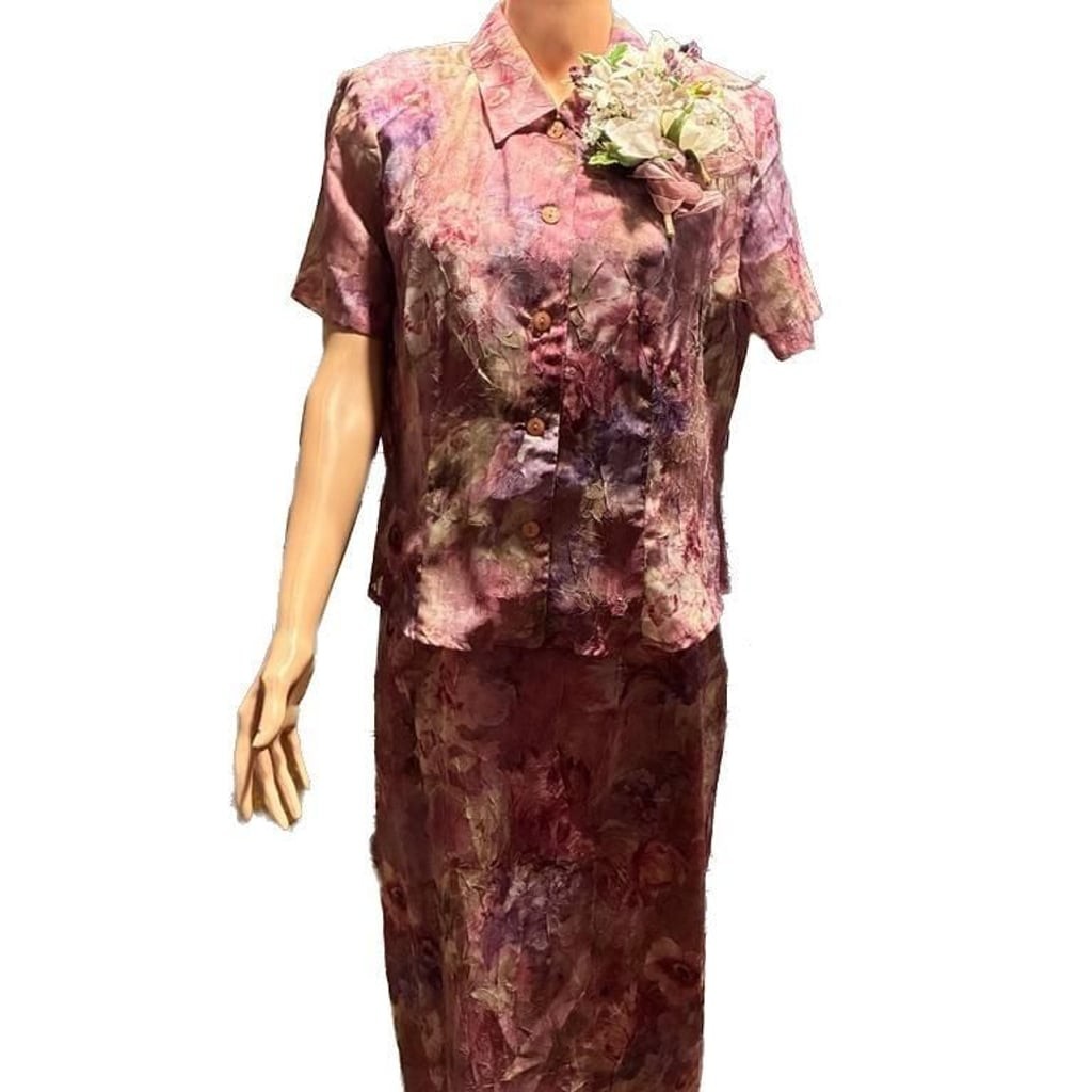 Vintage Miss Dorby Floral Crinkle Chiffon Two-Piece Skirt Set