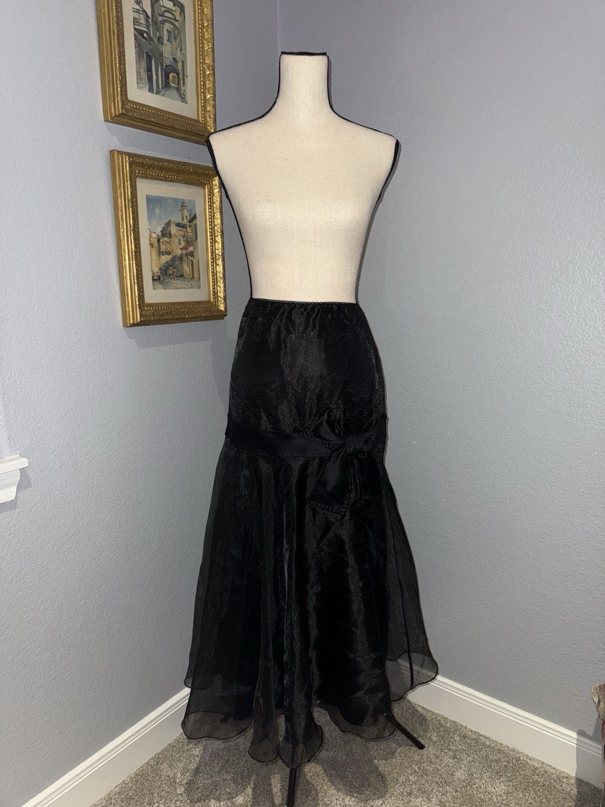 Vtg 80s Victor Costa Black Organza Party Skirt Large Satin Bow Flared Retro Glam