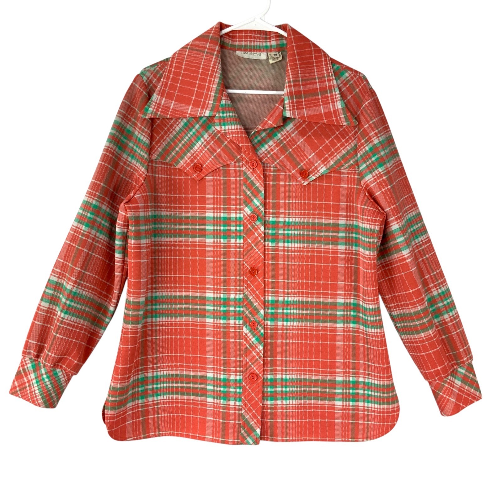 Lane Bryant Orange Green Plaid Button Down 38 Pointed Collar Long Sleeve 70s Top