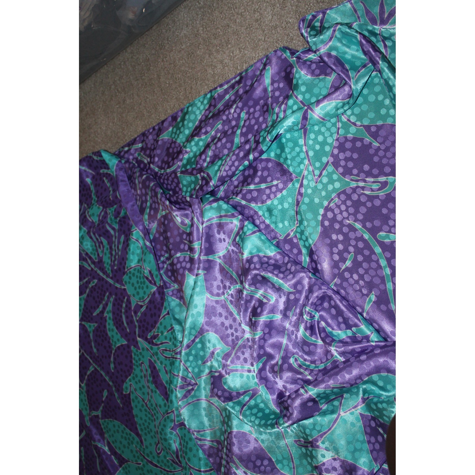 VTG Morgan Taylor Caftan Gown Purple Teal Tropical Satin Women’s Mumu Coverup OS
