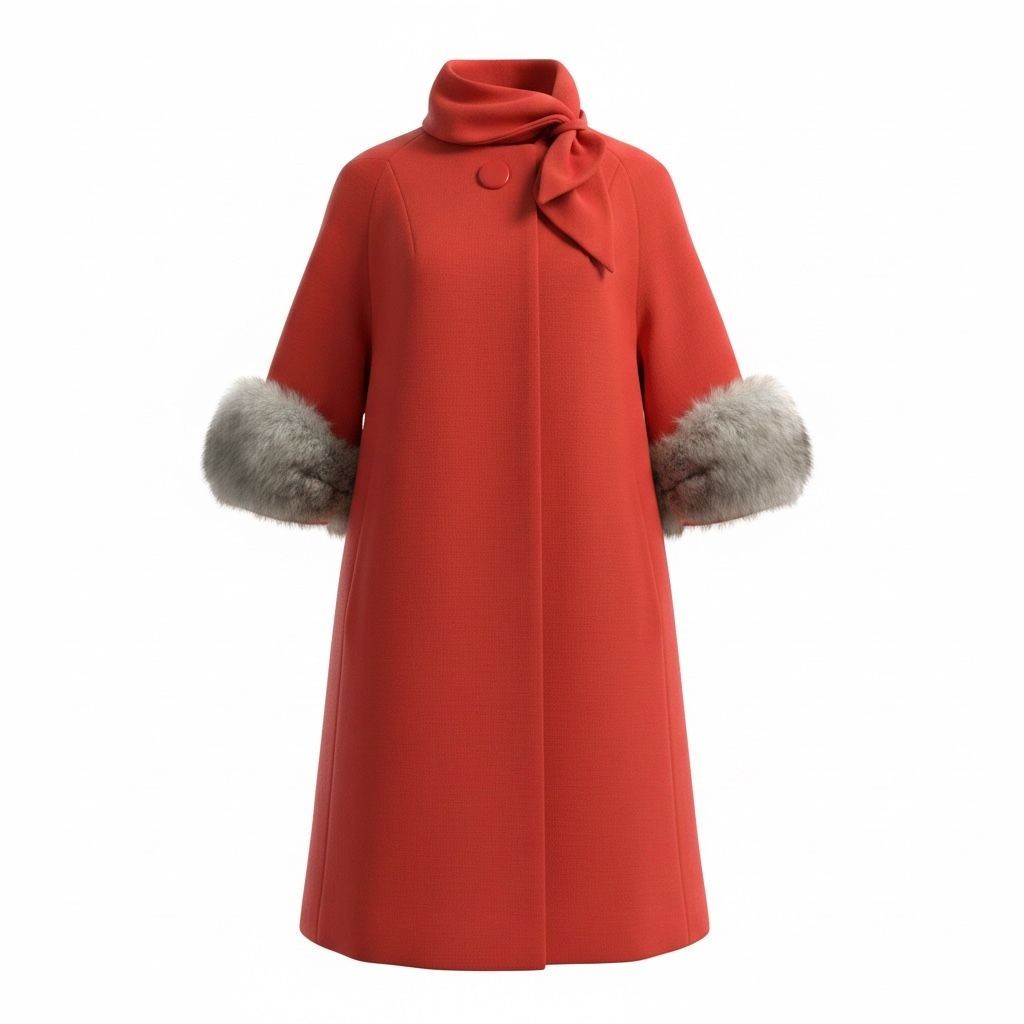 VINTAGE 60’s RUBY ORANGE Wool Dress & CAPE FOX FUR TRIM DRESS SUIT SZ M/L