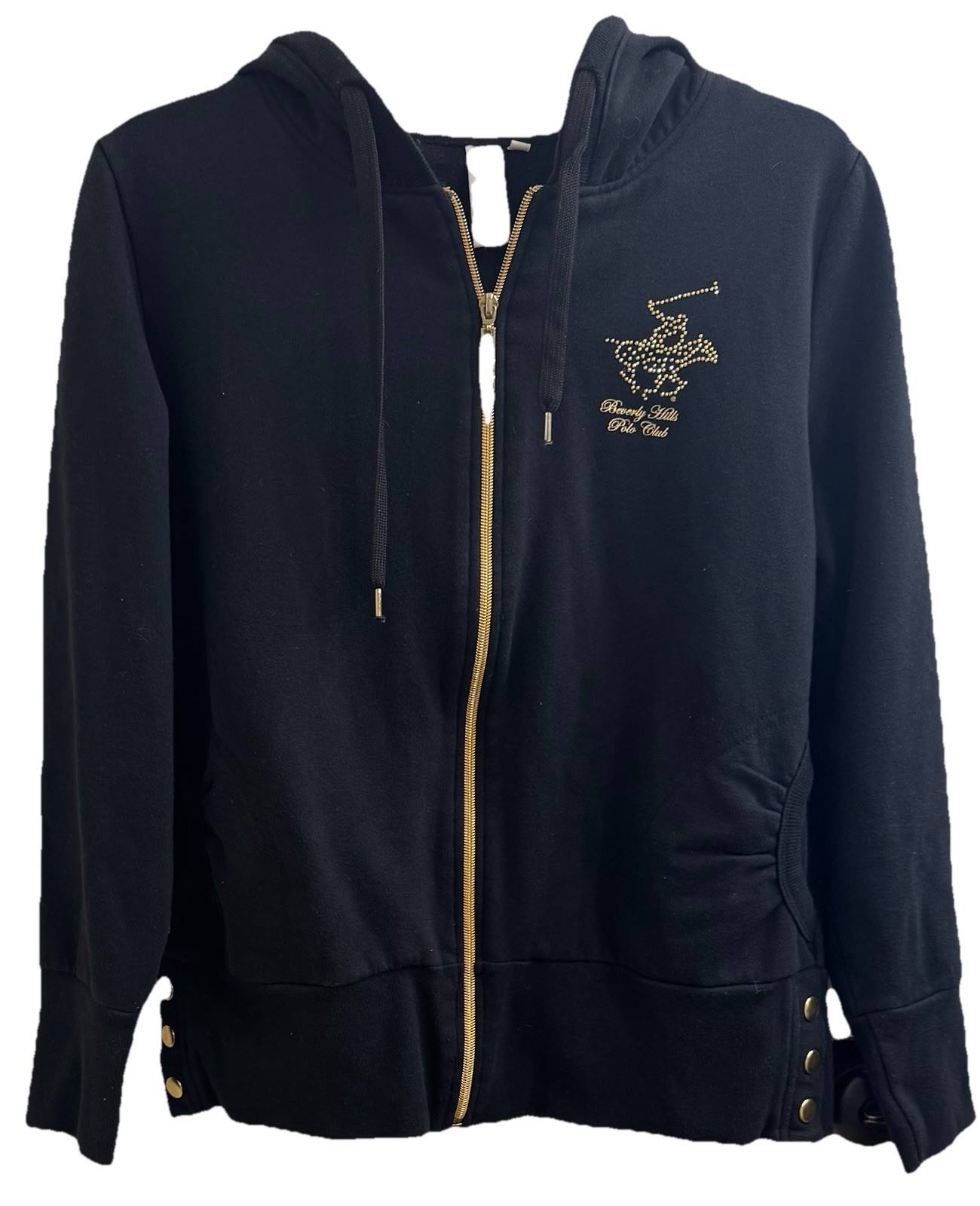 VTG BEVERLY HILLS POLO CLUB Black Velour Full Zip Hoodie Rhinestones & Pony (L)