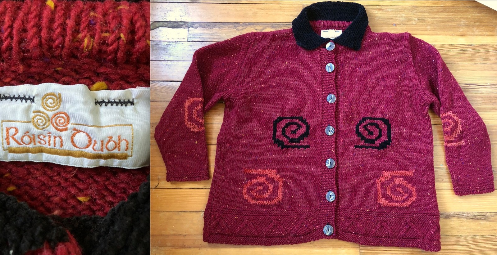 VTG ROISIN DUBH IRELAND 100% MERINO WOOL SWEATER MOP DARK RED BLACK ORANGE EUC