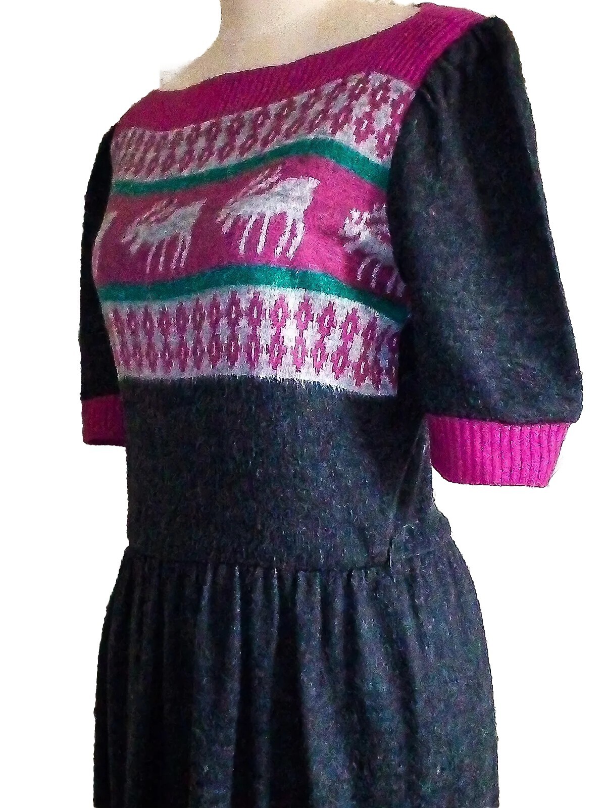 VTG 70s Fit Flare Reindeer Print Boatneck Princess Sleeves Acrylic Knit Dress M