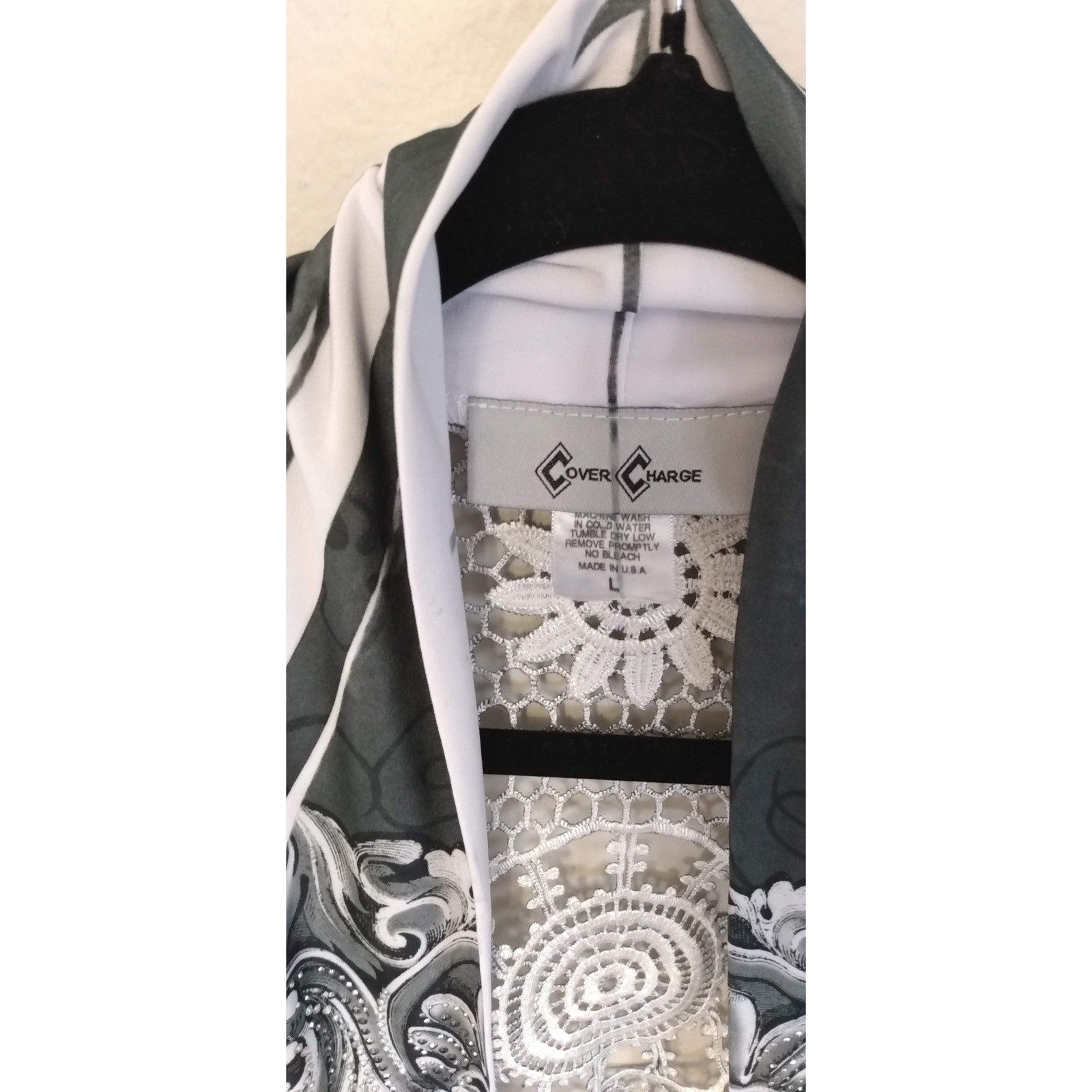 BOHO Monochrome Lace Inset Open Front Duster Vest Lg Whimsigoth Vintage Romantic