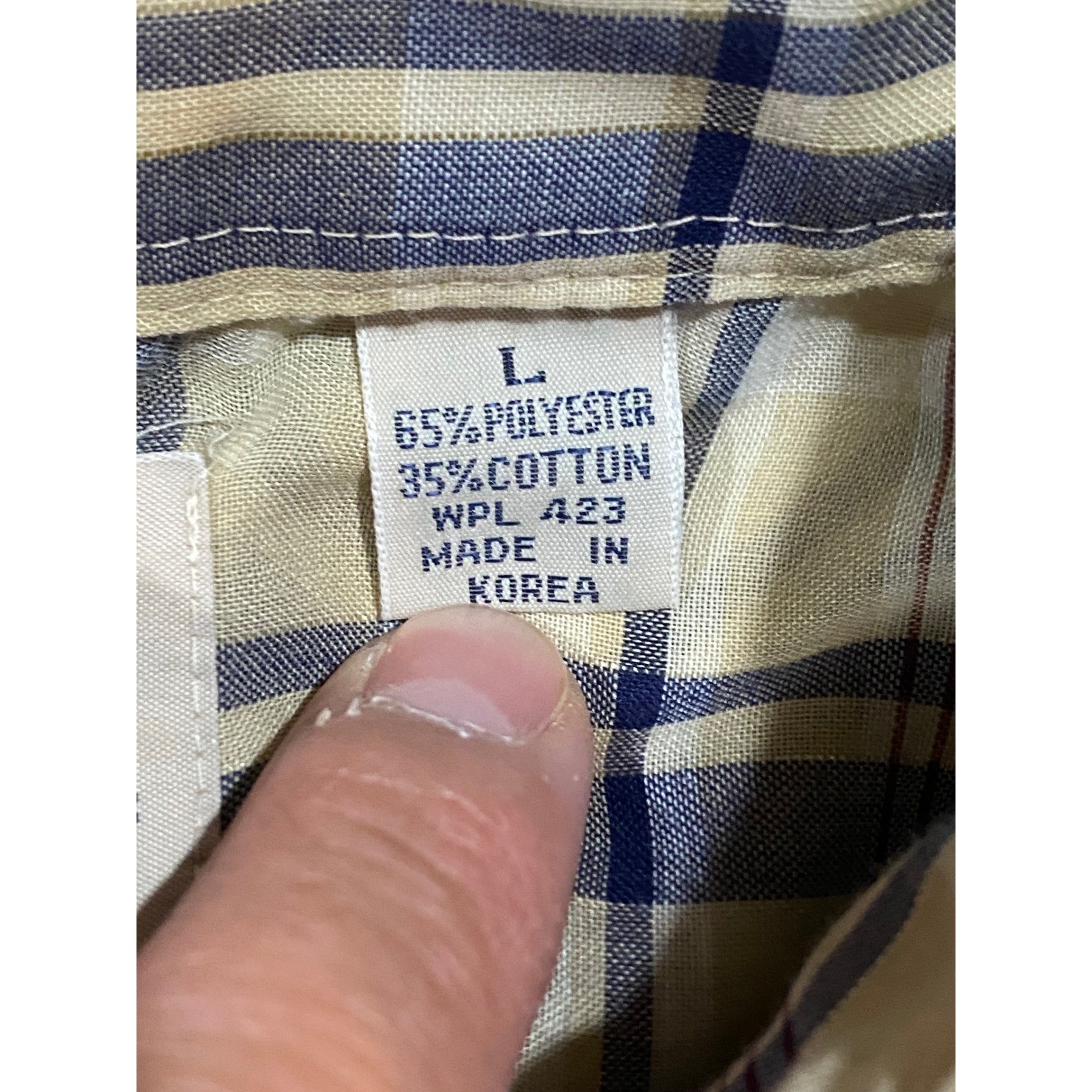 Vintage Levis Western Shirt Pearl Snap Plaid Gold Lurex Tan Navy Large Short Slv