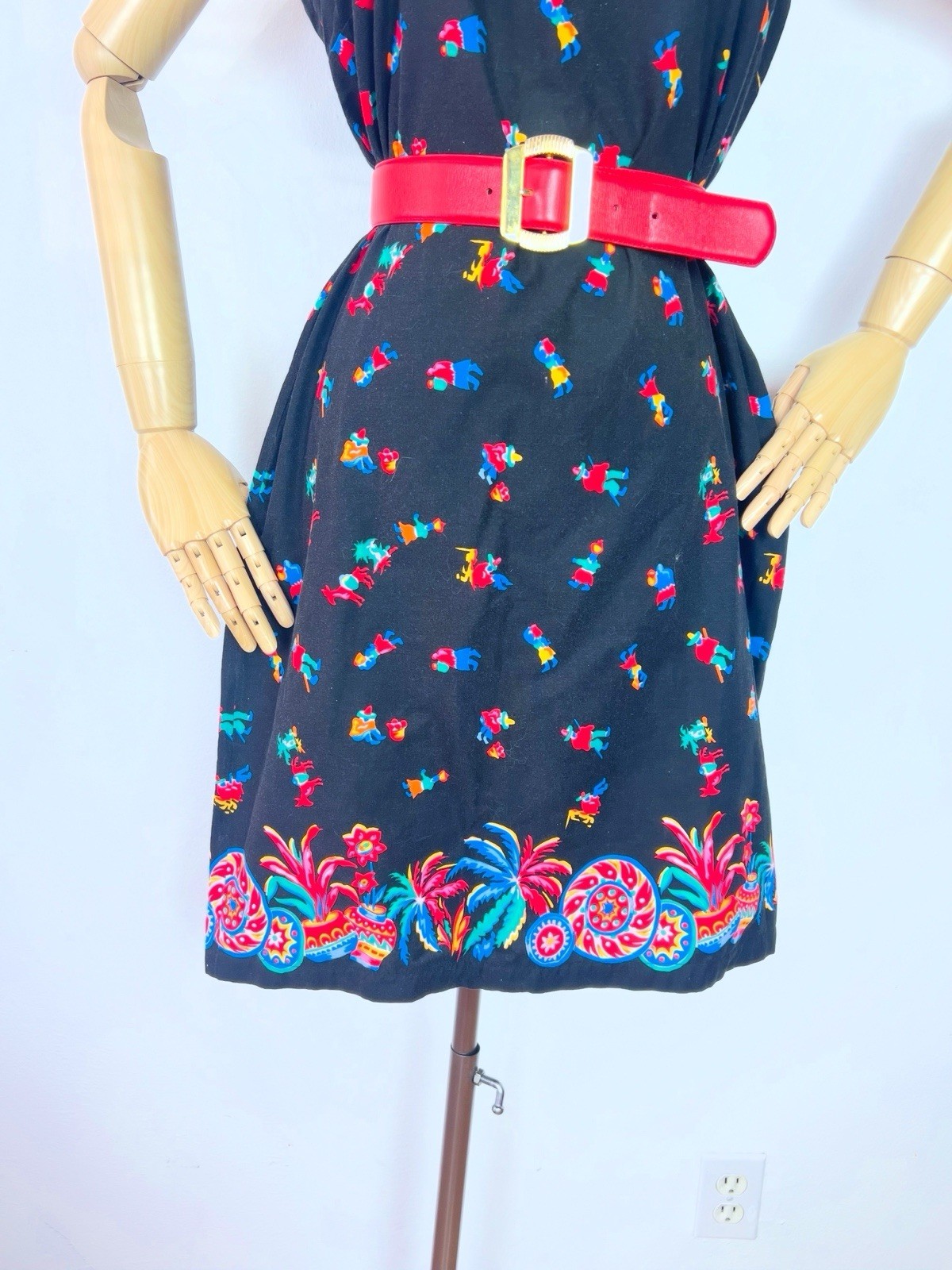 MEXICAN NOVELTY Print 60s 1960’s Vintage Black Cotton Shift Sundress Dress M 36b