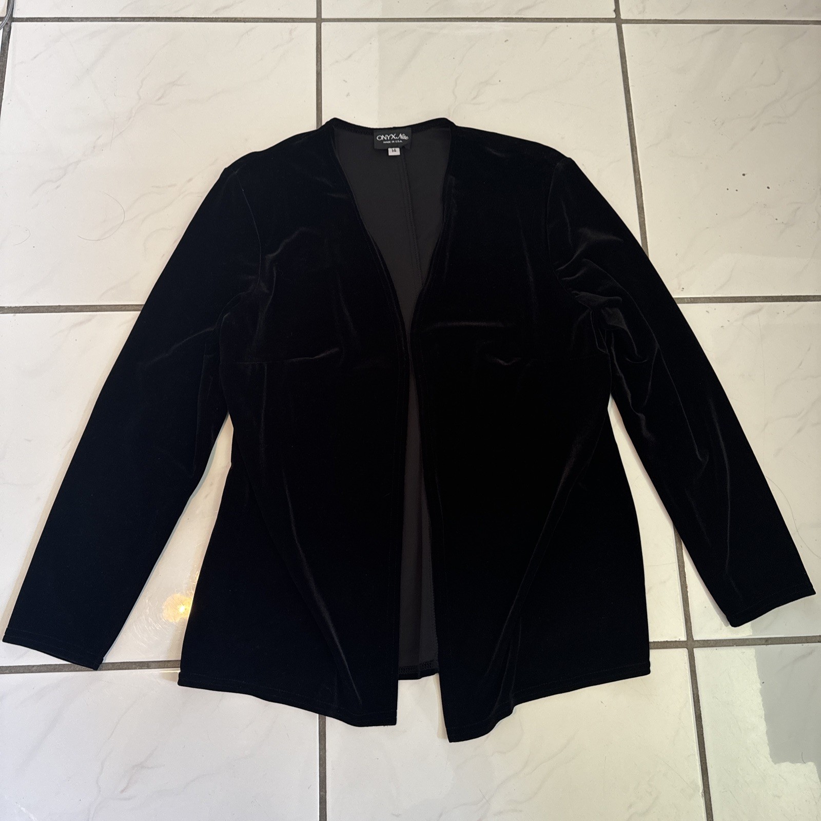 VTG Onyx Nite Velour Duster Womens 14 Black Open Cardigan Padded Trim Goth EUC