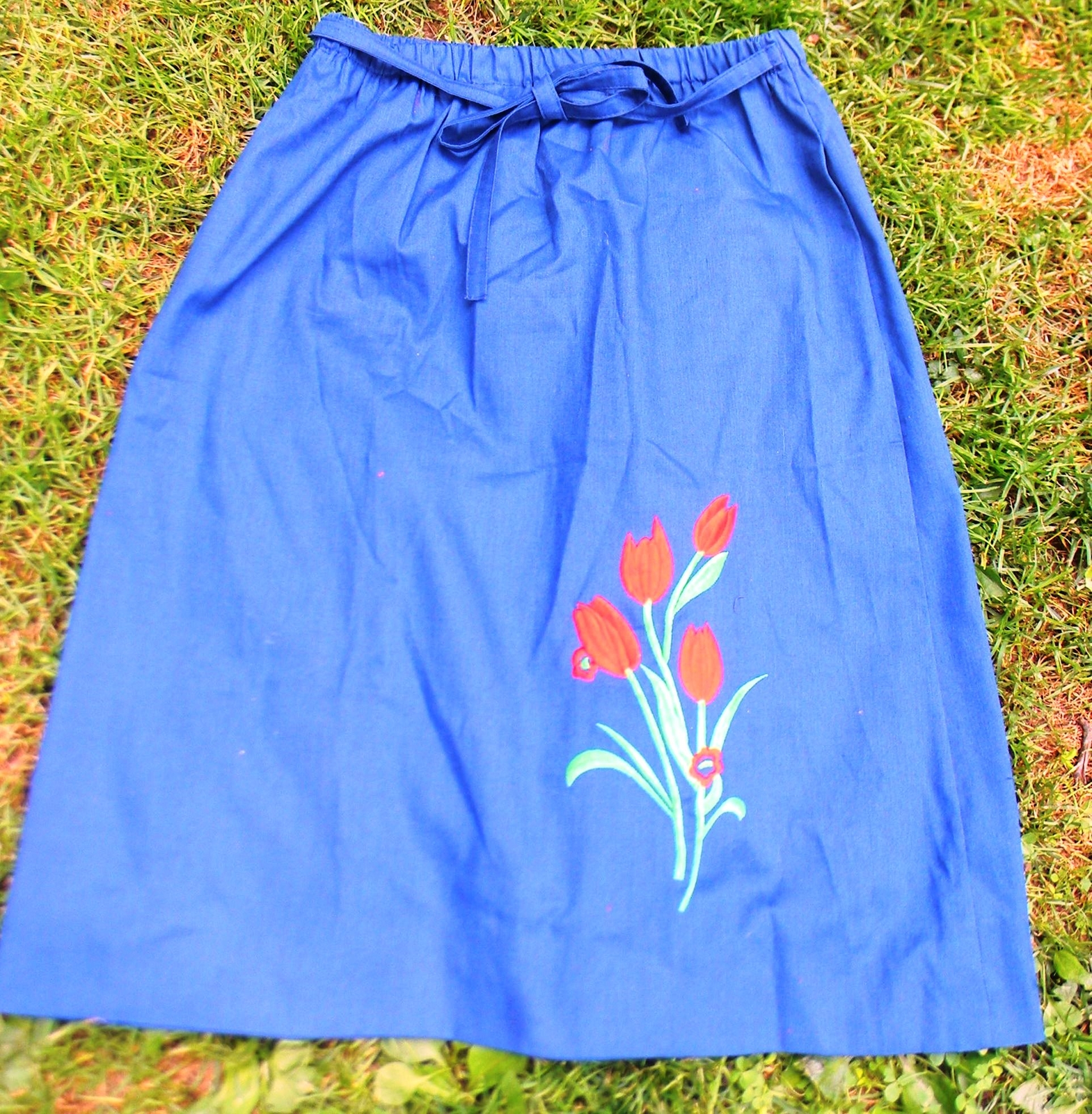 Vintage Sanibel Sport Navy Blue Red Tulip Embroidered Elastic A-line Skirt Sz XL