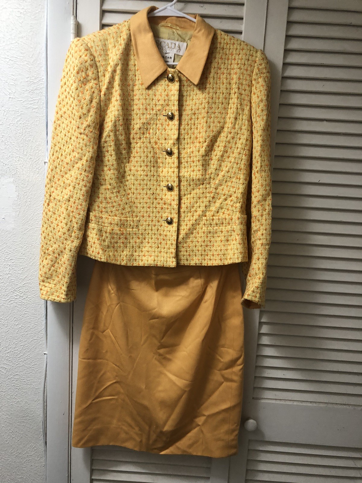 Vintage 1980s ESCADA Skirt Suit 80% Wool Size 40 Tweed Jacket Yellow Orange