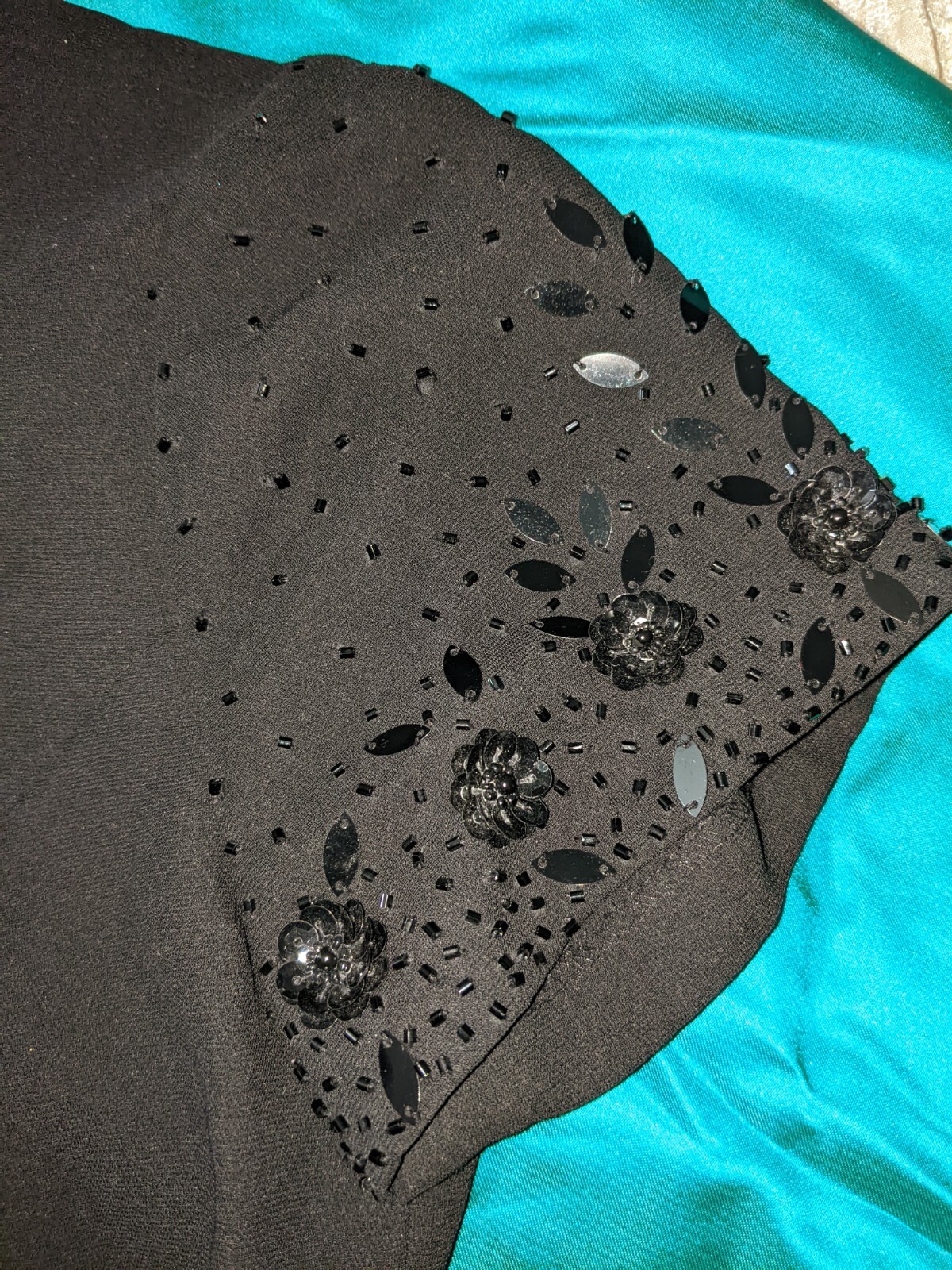 Vintage Donna Morgan Little Black Lined Satin Button Back Sequins Sleeve Dress