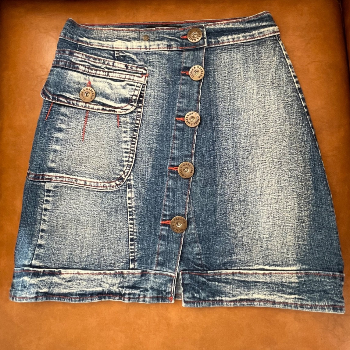 Vintage D&G Dolce & Gabbana Denim Mini Skirt Y2K Orange Stitch Made in Italy 30