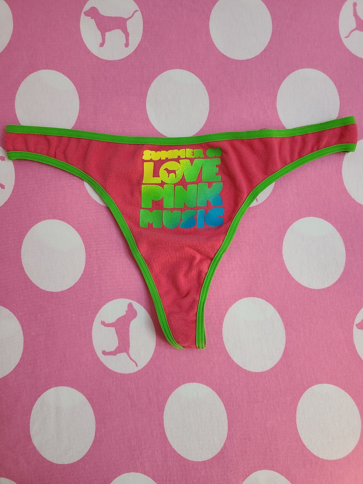 Rare VTG VS PINK Low Rise Graphic Cotton Thong Panty Size M Pink Green