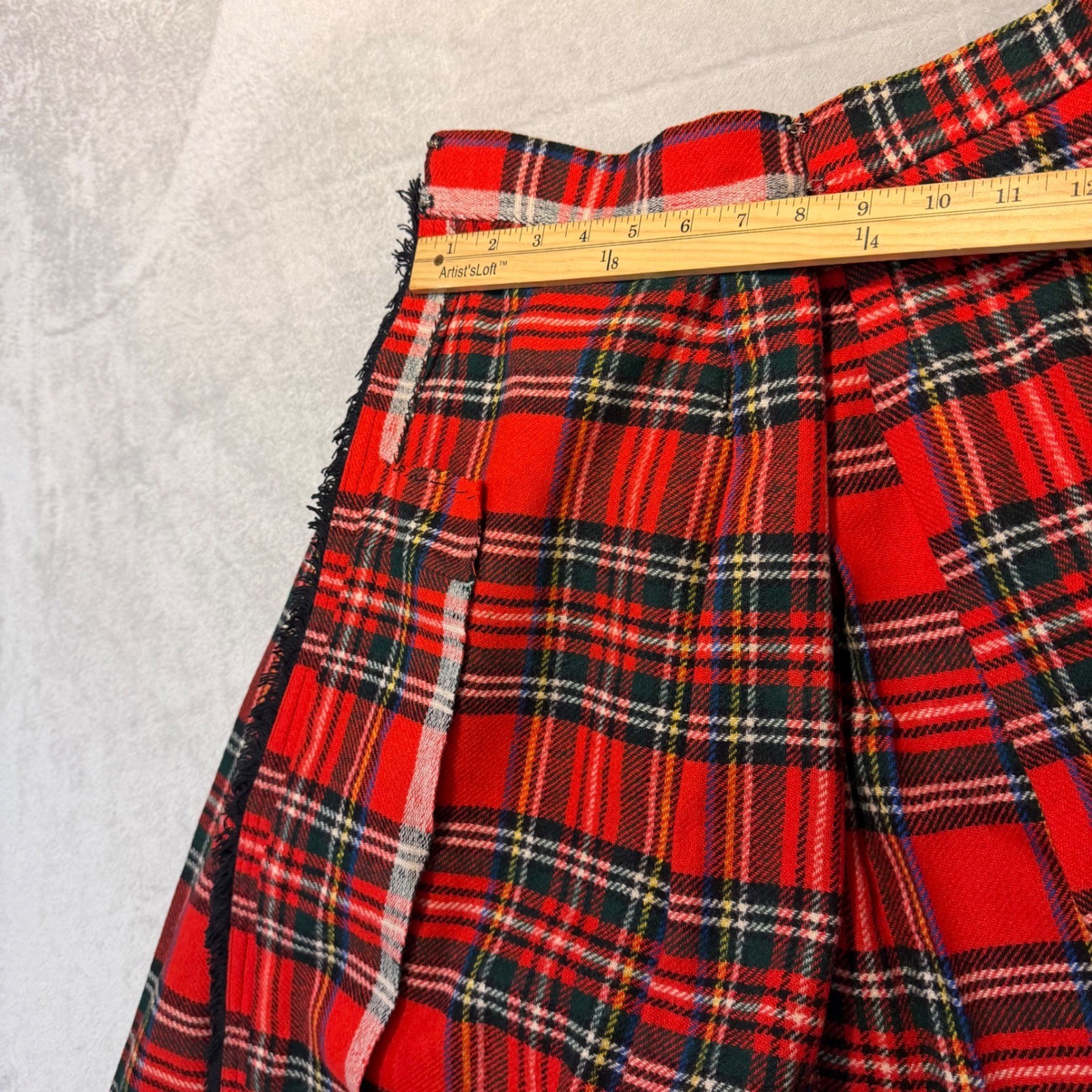 Vintage Red Tartan Plaid Pleated Midi Kilt Skirt Fringe Trim Academic 29 Waist