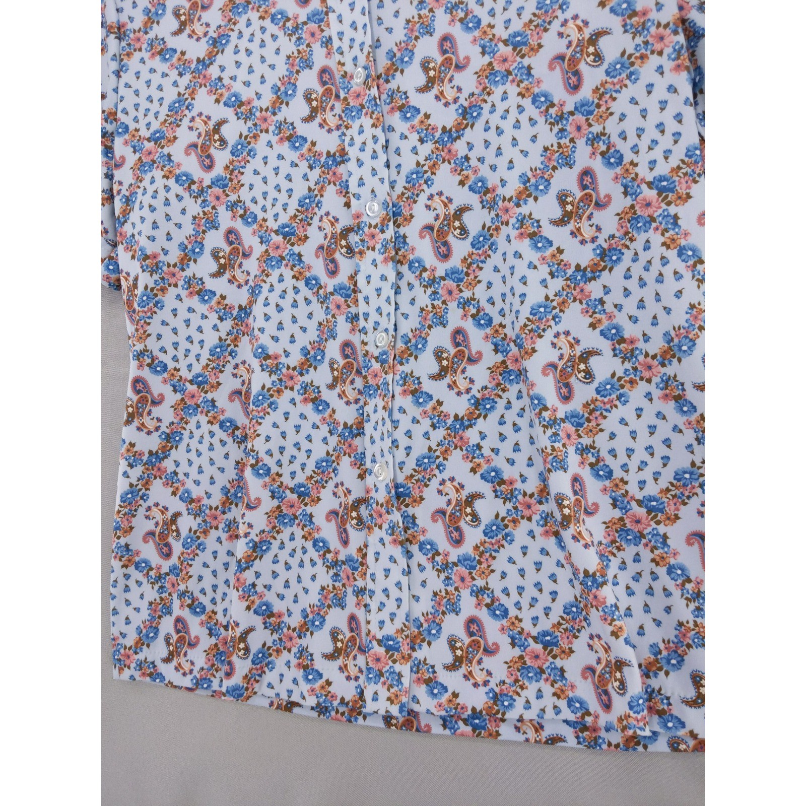 Vintage 70s Sears The Shirt Button Up Women 16 Blue Floral Paisley Short Sleeve