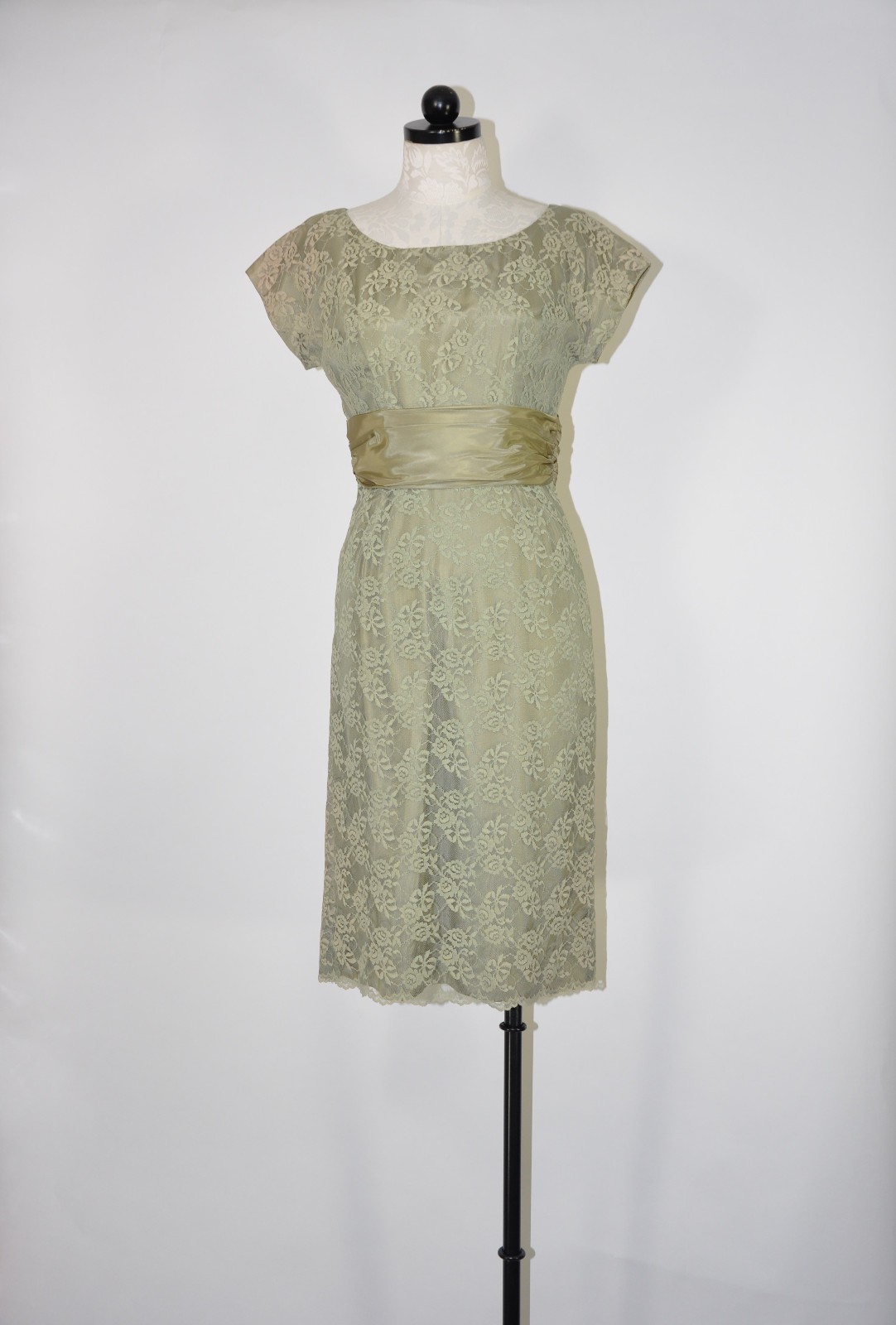 60s Vintage Sage Green Floral Lace Midi Sheath Wiggle Cocktail Dress Women XS S