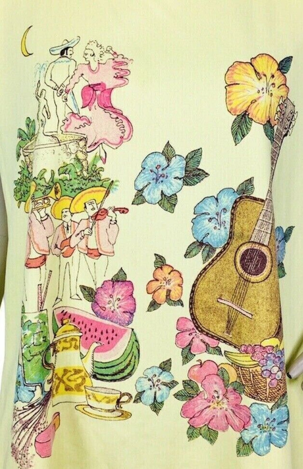 Vintage 70s Mexican Mariachi Band Flowers Dancing Music Summer Fruit Yellow Tee