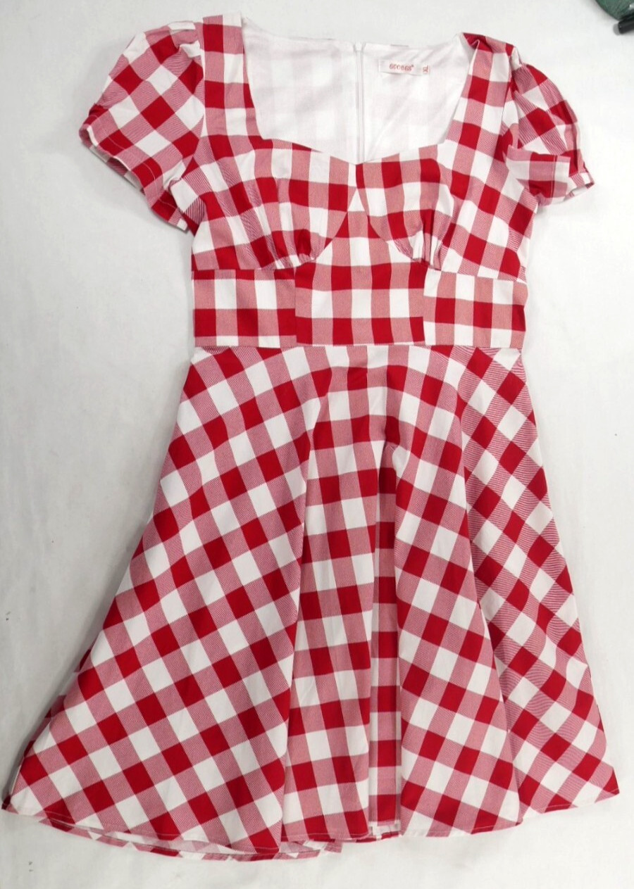 GOOBGS Red White Check Cocktail Rockabilly Swing Retro Dress Women’s XL