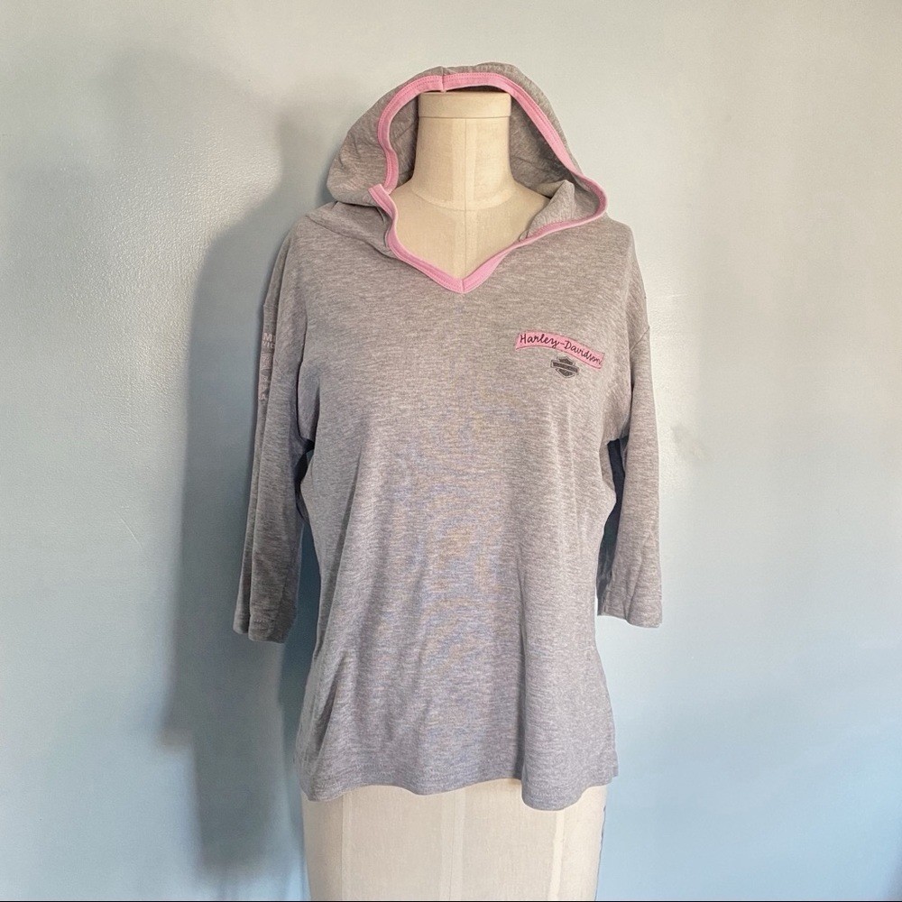 Vintage 00s Harley Davidson Holoubek hooded half sleeve tshirt gray w pink trim