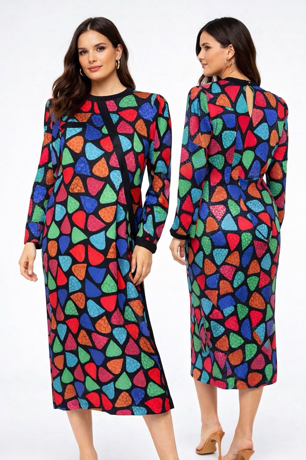 Vtg 80s Soo Yung Lee 100% Silk Colorful Long Sleeve Midi Sheath Dress Sz 6