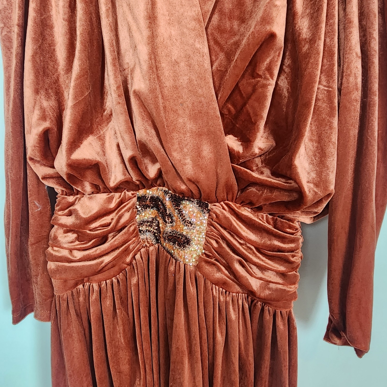 Vintage 80s Rust Velvet Dress 10 Beaded Disco Studio 54 Draped Rare John Charles