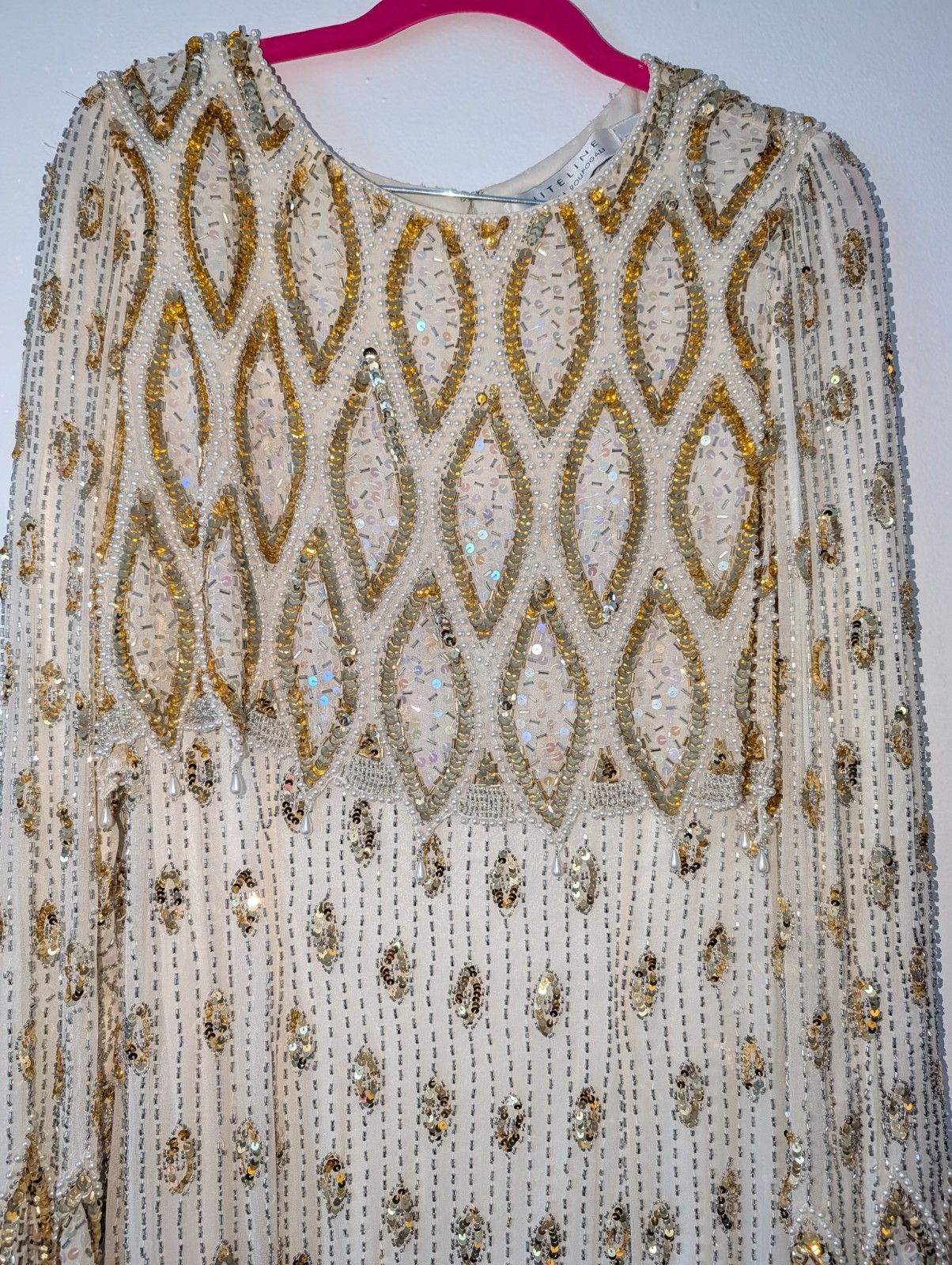 Vintage Niteline Della Roufogali Silk Beaded Sequin Dress Gold Pearl Size 12
