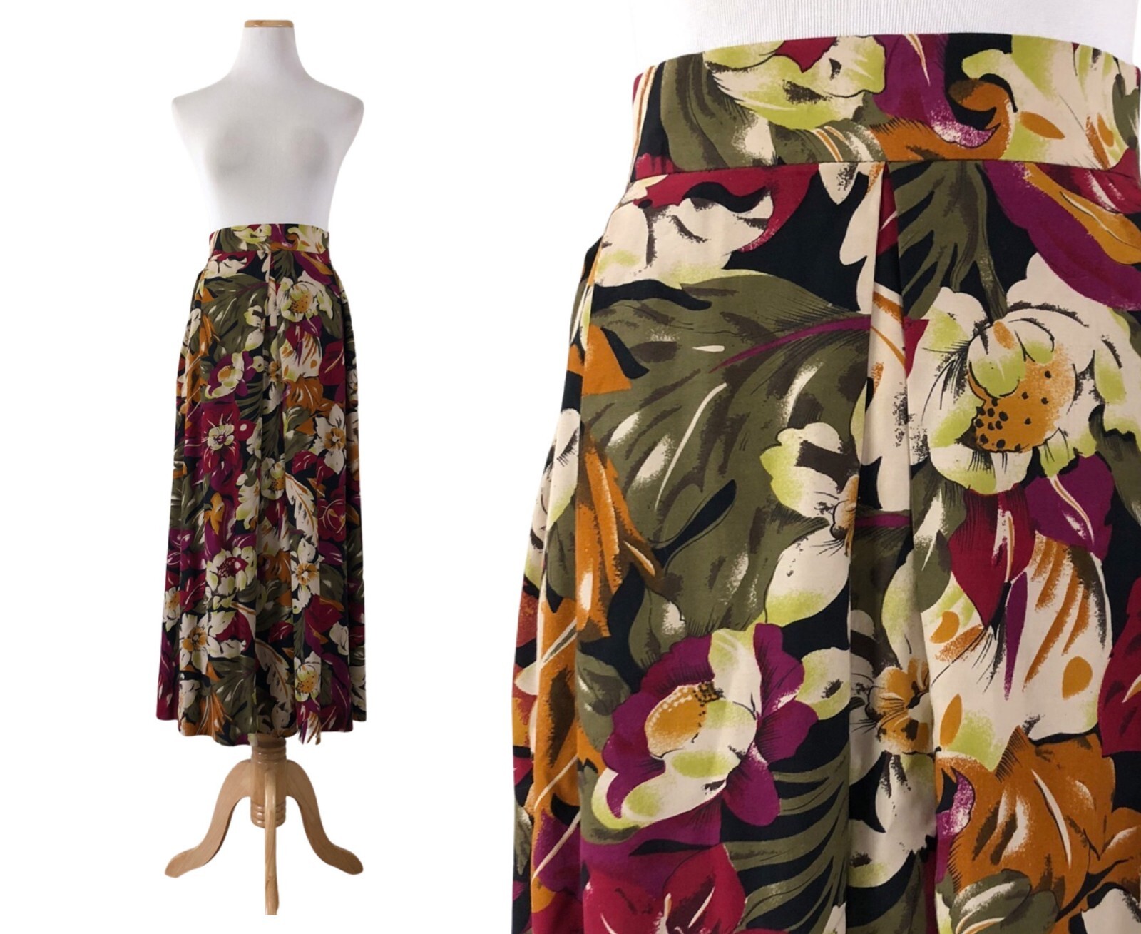 Vintage Floral Rayon Skirt Size Small 27″ Waist 80s Rayon Long Maxi Skirt