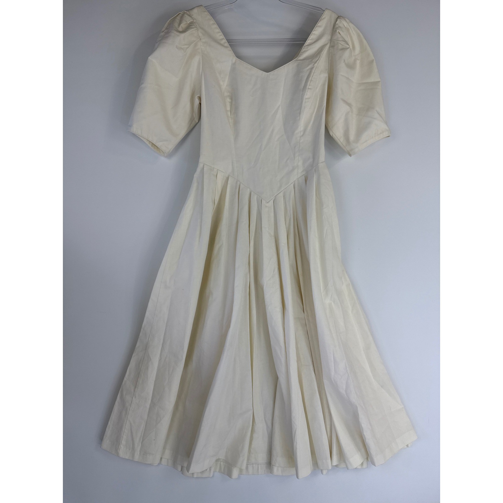 Laura Ashley Dress Womens 10 Cream Vintage 80s Cotton Puff Sleeve Midi V-Neck