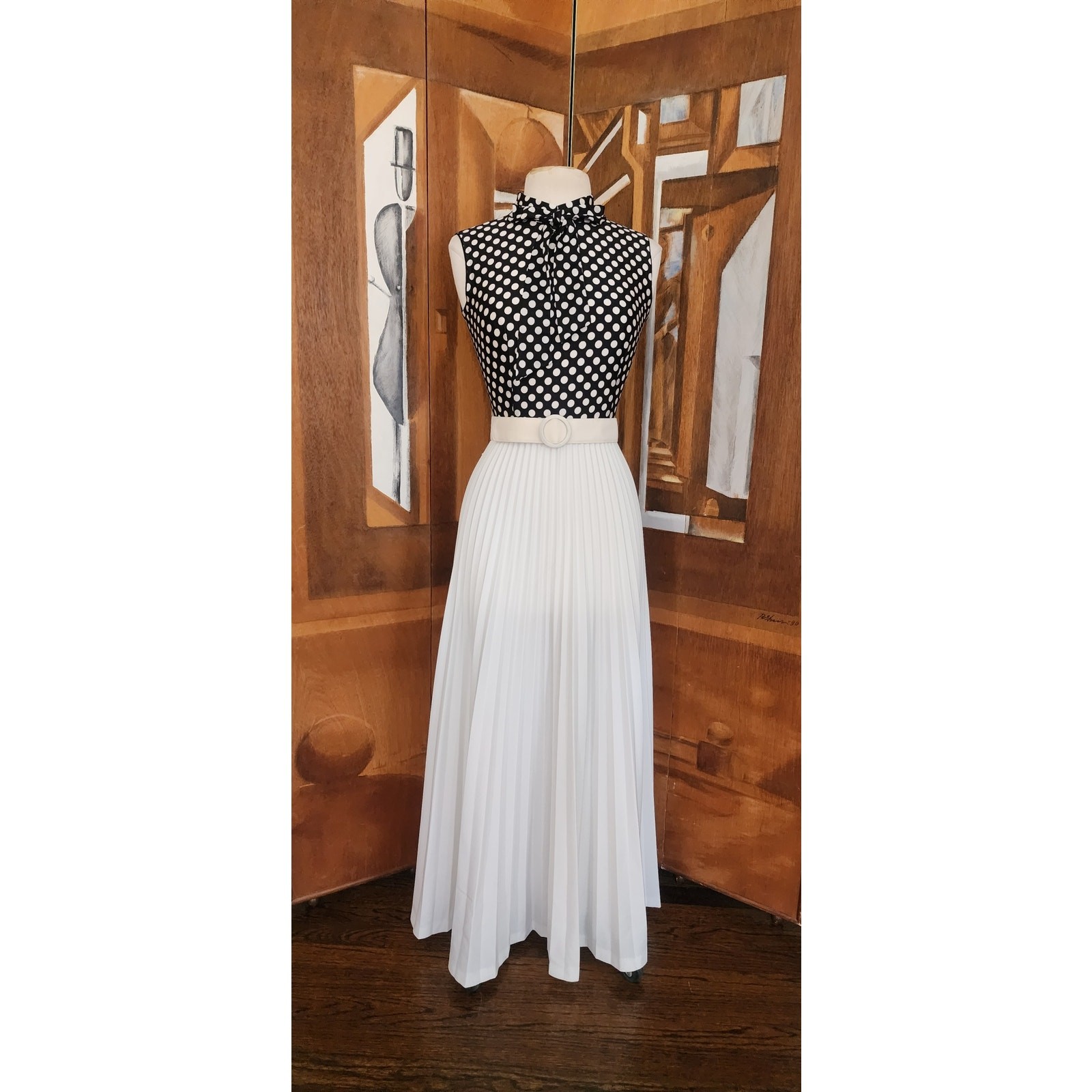 Vintage 1970s Maxi Dress Polkadot Print Pleated Skirt Black White Belted / S