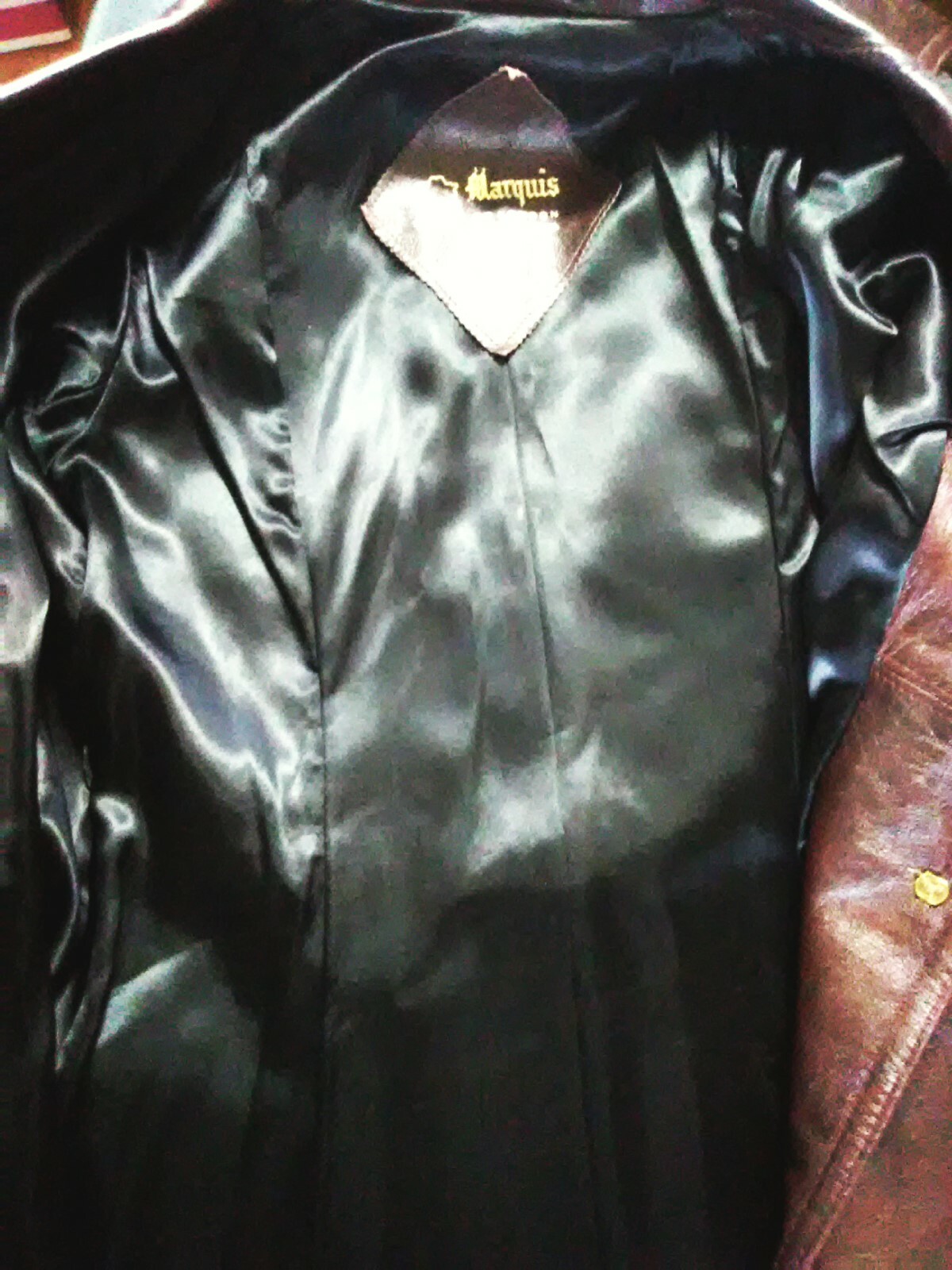 MARQUIS Of LONDON Womens Brown Leather Trench Coat 70s Lady J Wing Collar Vtg